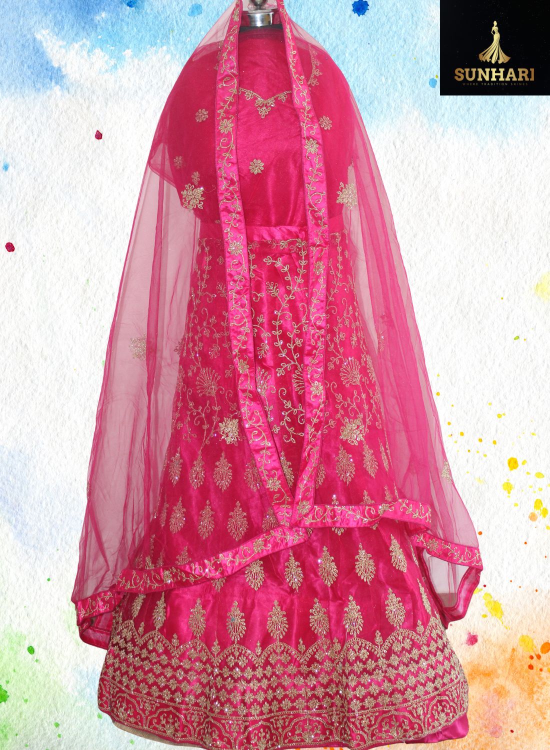 Radiant Rani Pink Zari Embroidered Bridal Lehenga