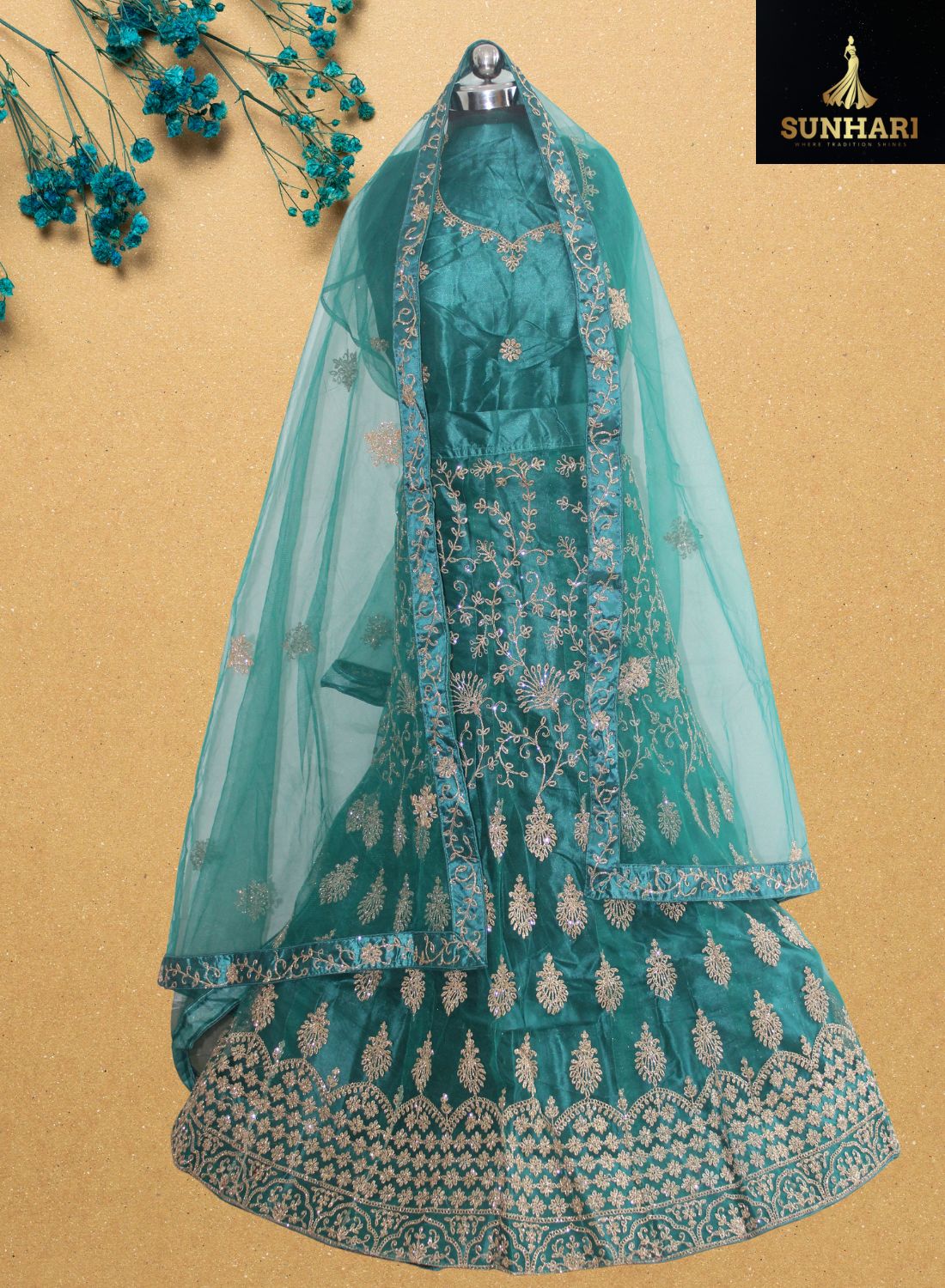 Teal Blue Zari Embroidered Bridal Lehenga