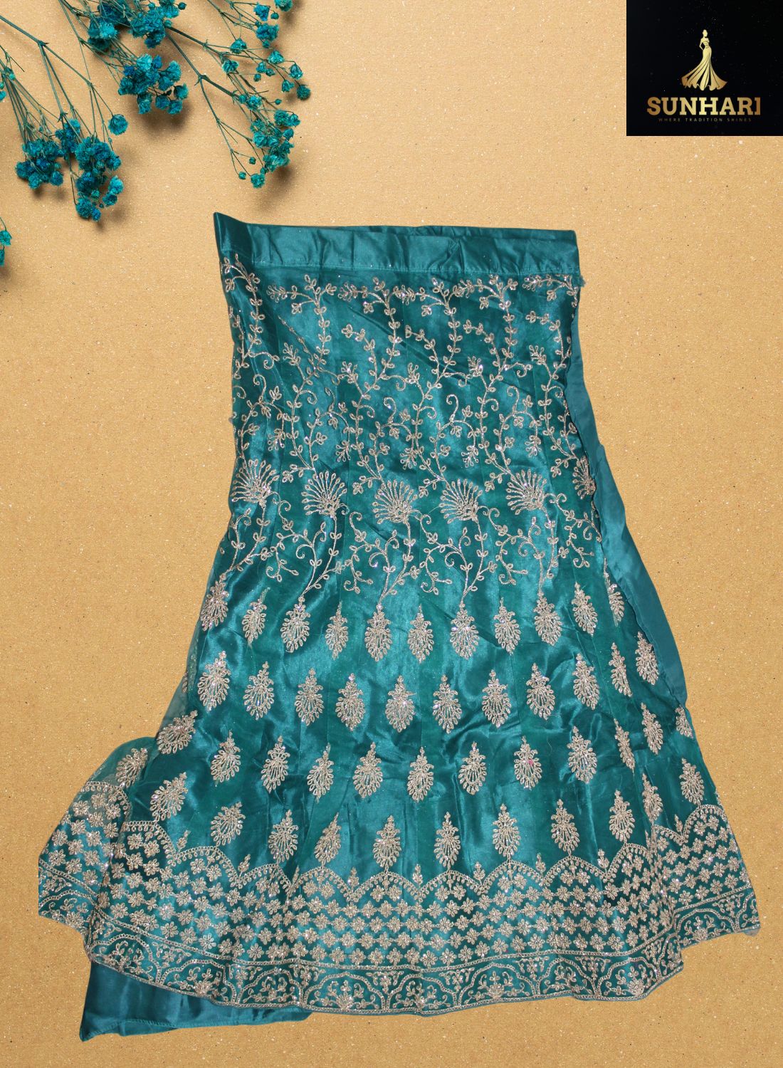 Teal Blue Zari Embroidered Bridal Lehenga