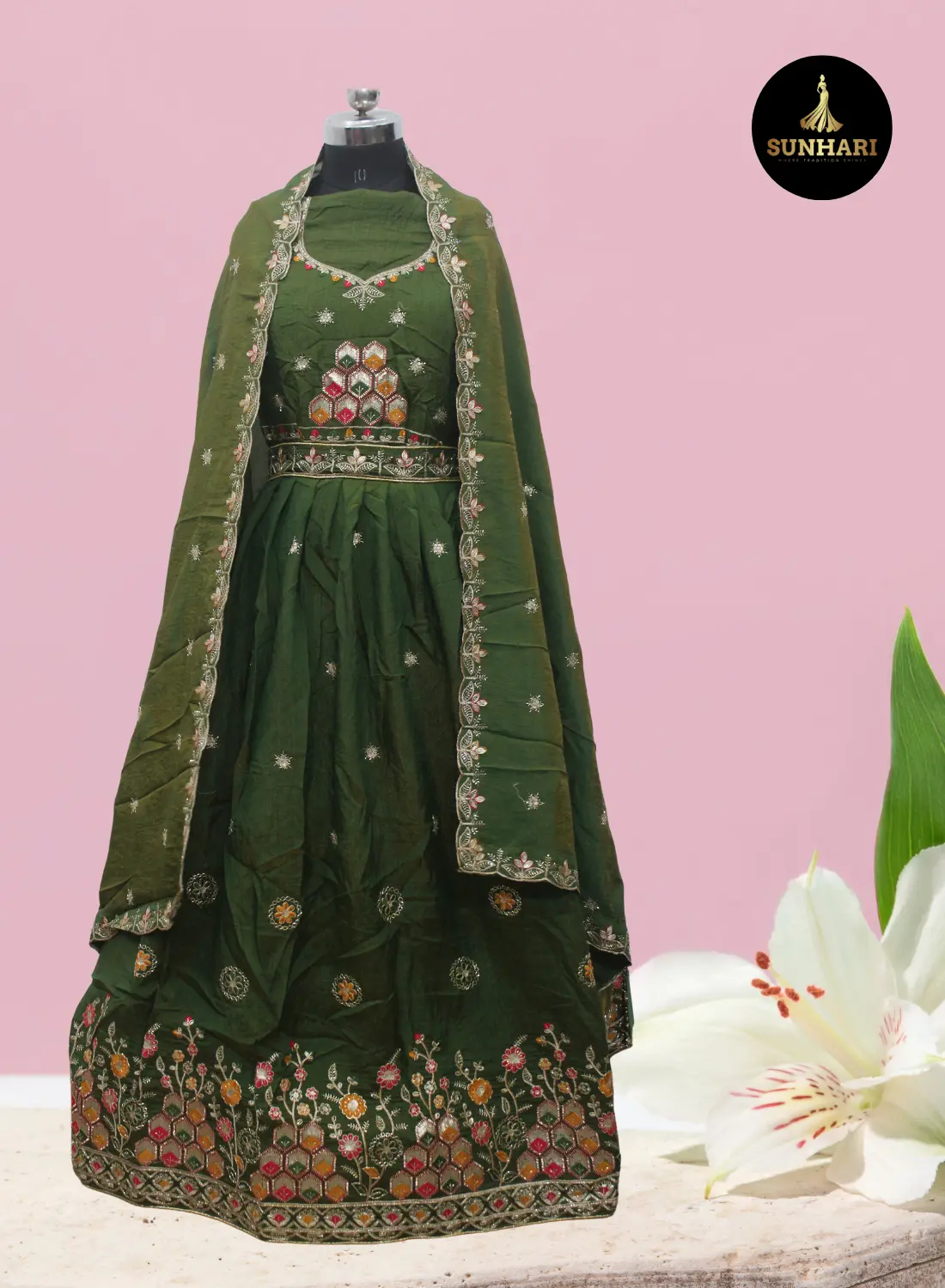 Emerald Green Bloom Handcrafted Silk Lehenga