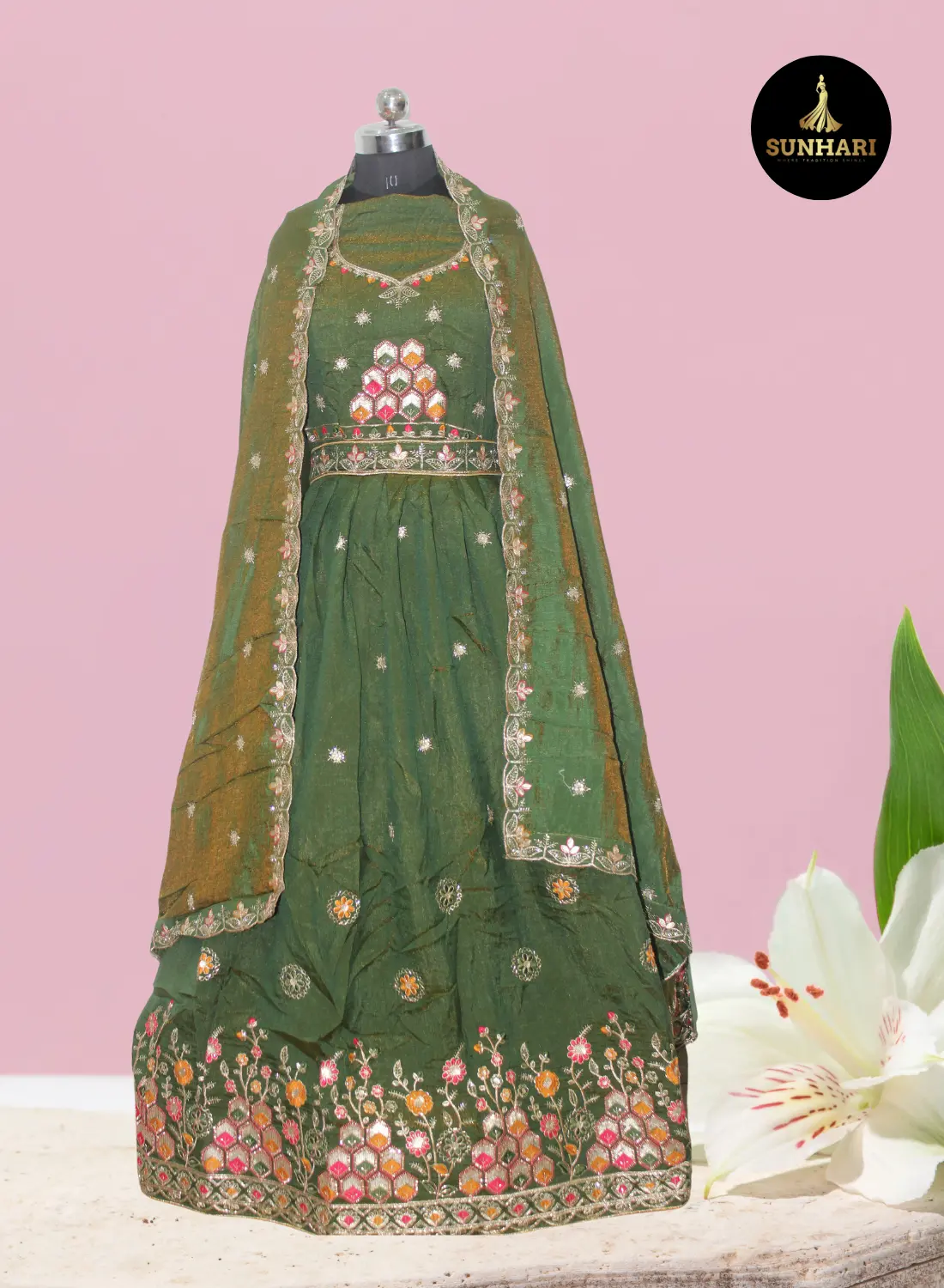 Emerald Green Bloom Handcrafted Silk Lehenga