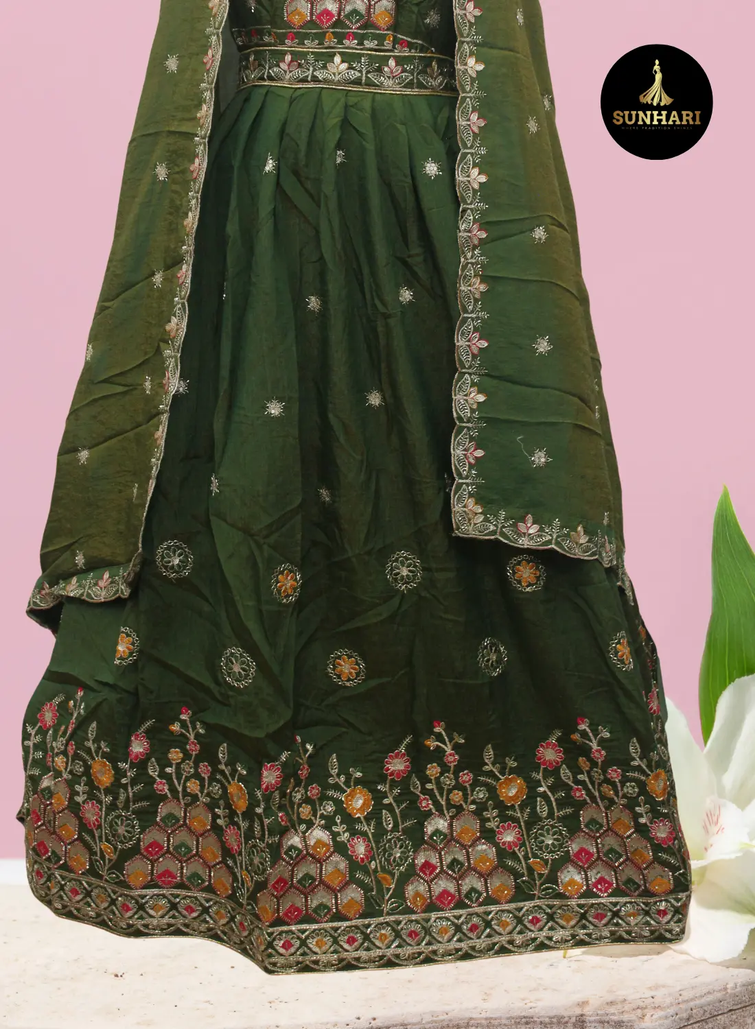 Emerald Green Bloom Handcrafted Silk Lehenga