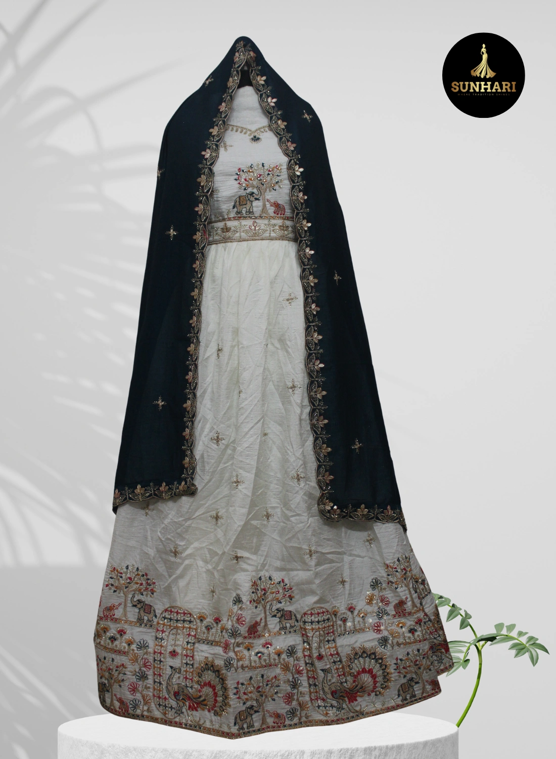 White & Green Traditional Motif Silk Lehenga