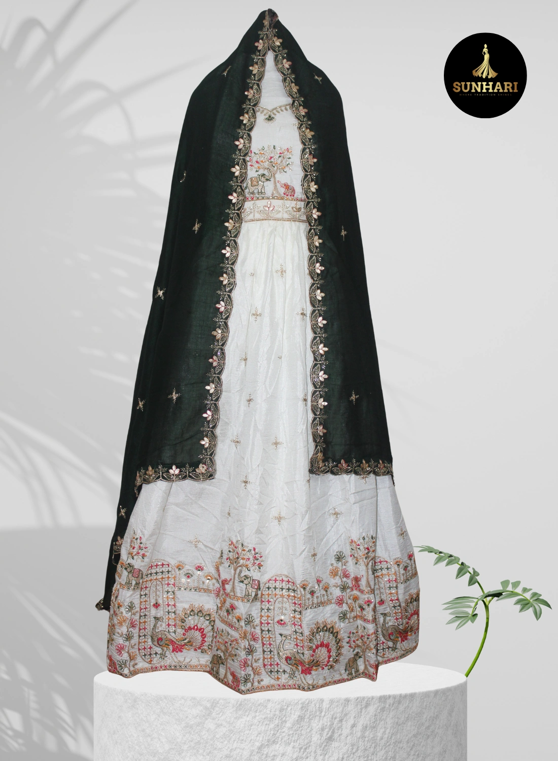 White & Green Traditional Motif Silk Lehenga