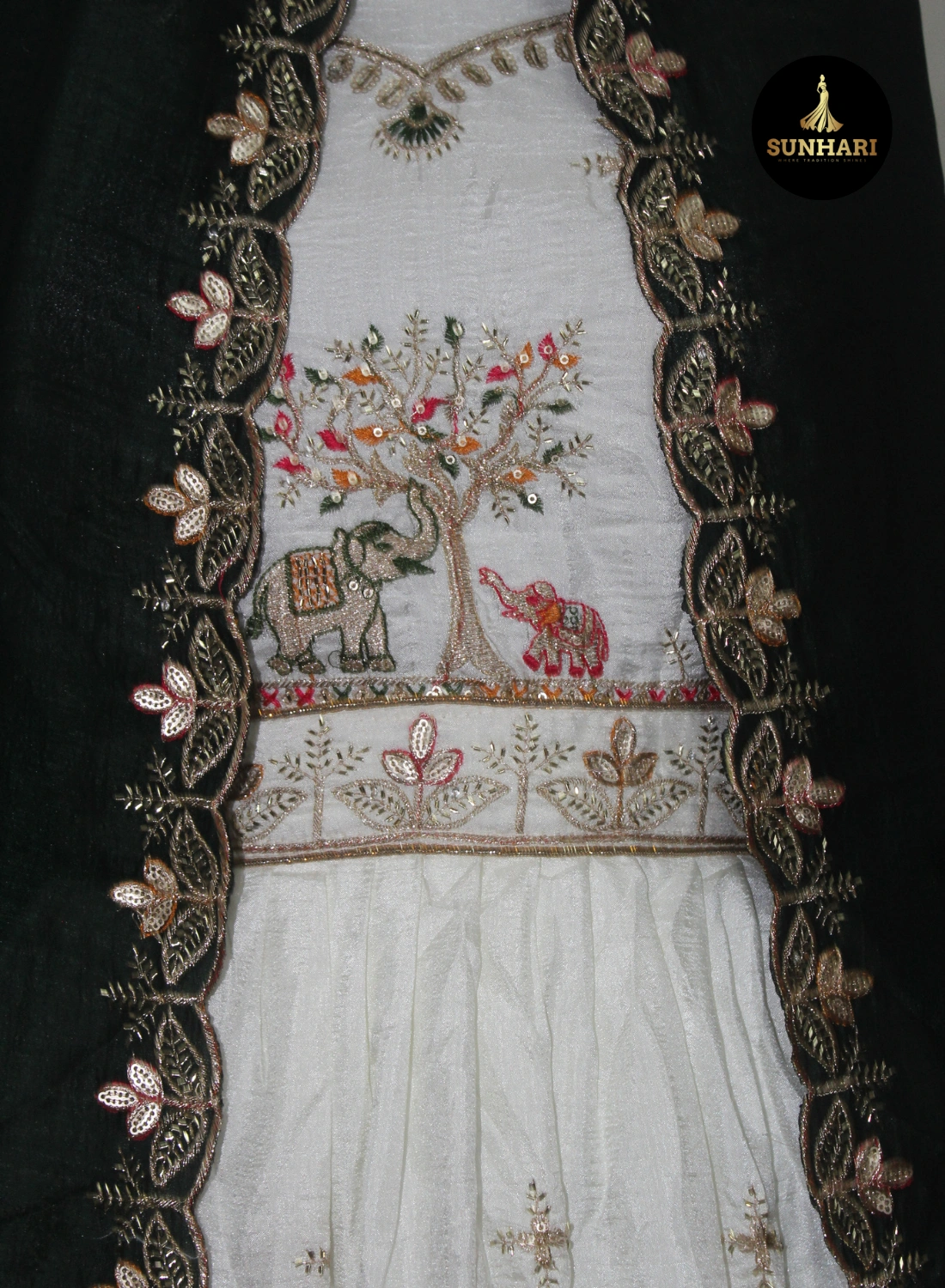 White & Green Traditional Motif Silk Lehenga