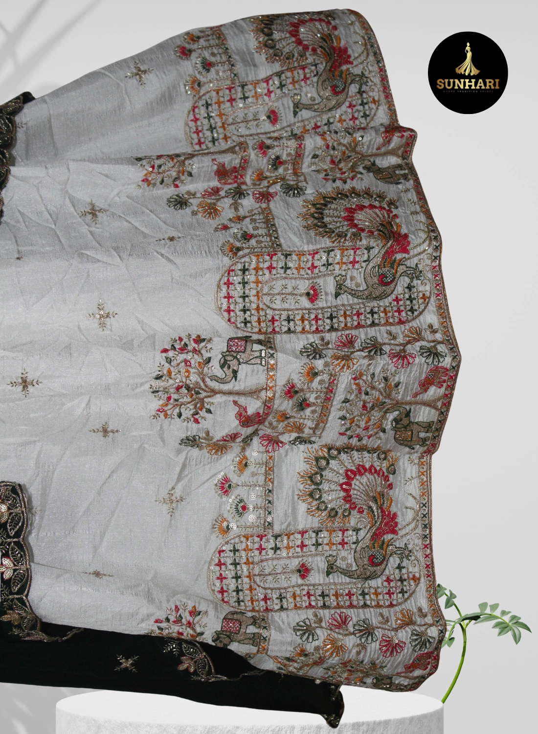 White & Green Traditional Motif Silk Lehenga