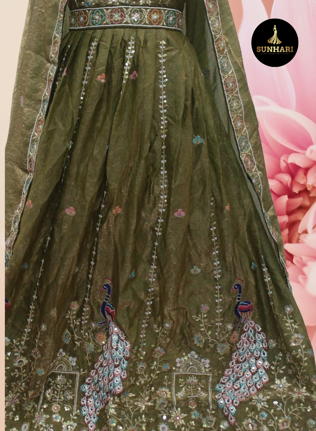 Olive Green Peacock Embroidered Silk Lehenga 