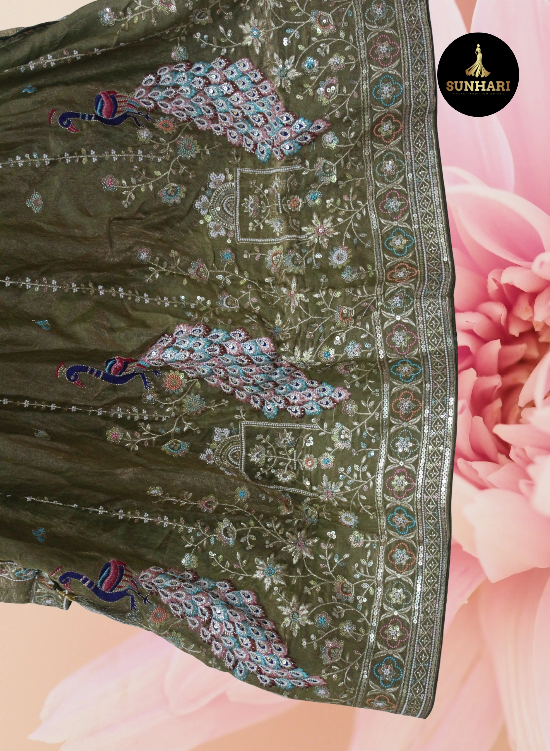 Olive Green Peacock Embroidered Silk Lehenga 