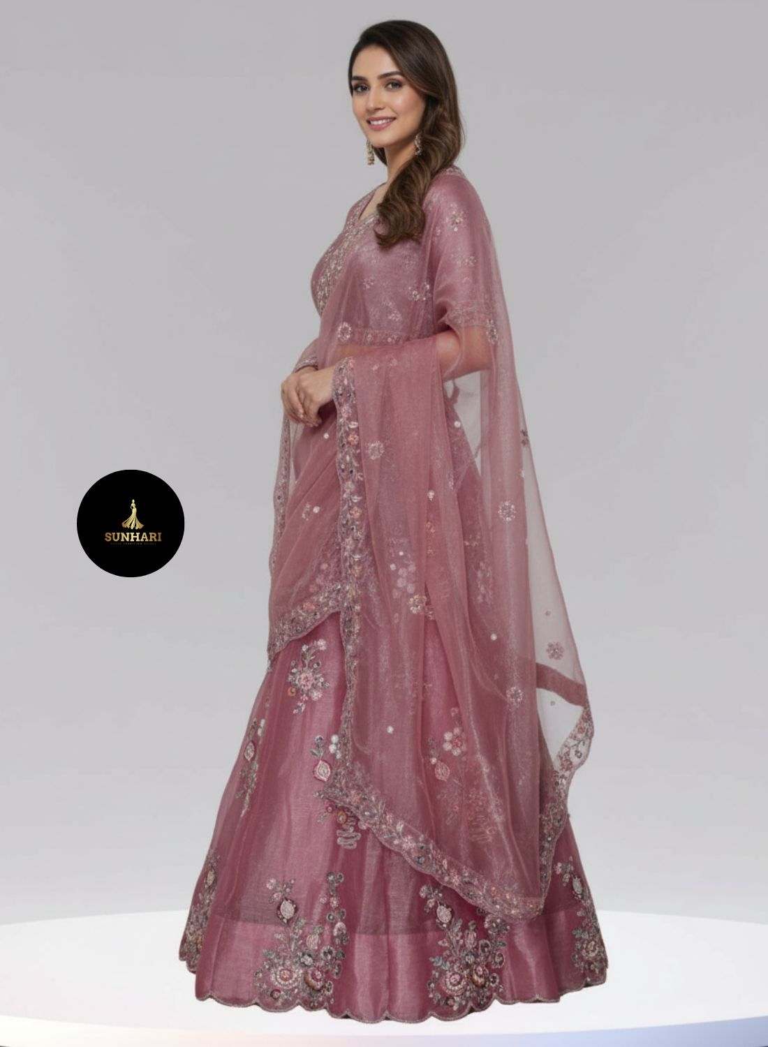 Rose Petal Handcrafted Organza Lehenga