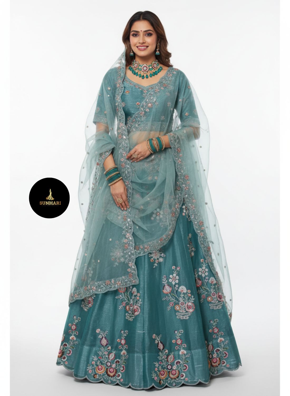 Aqua Blue Handcrafted Organza Lehenga 