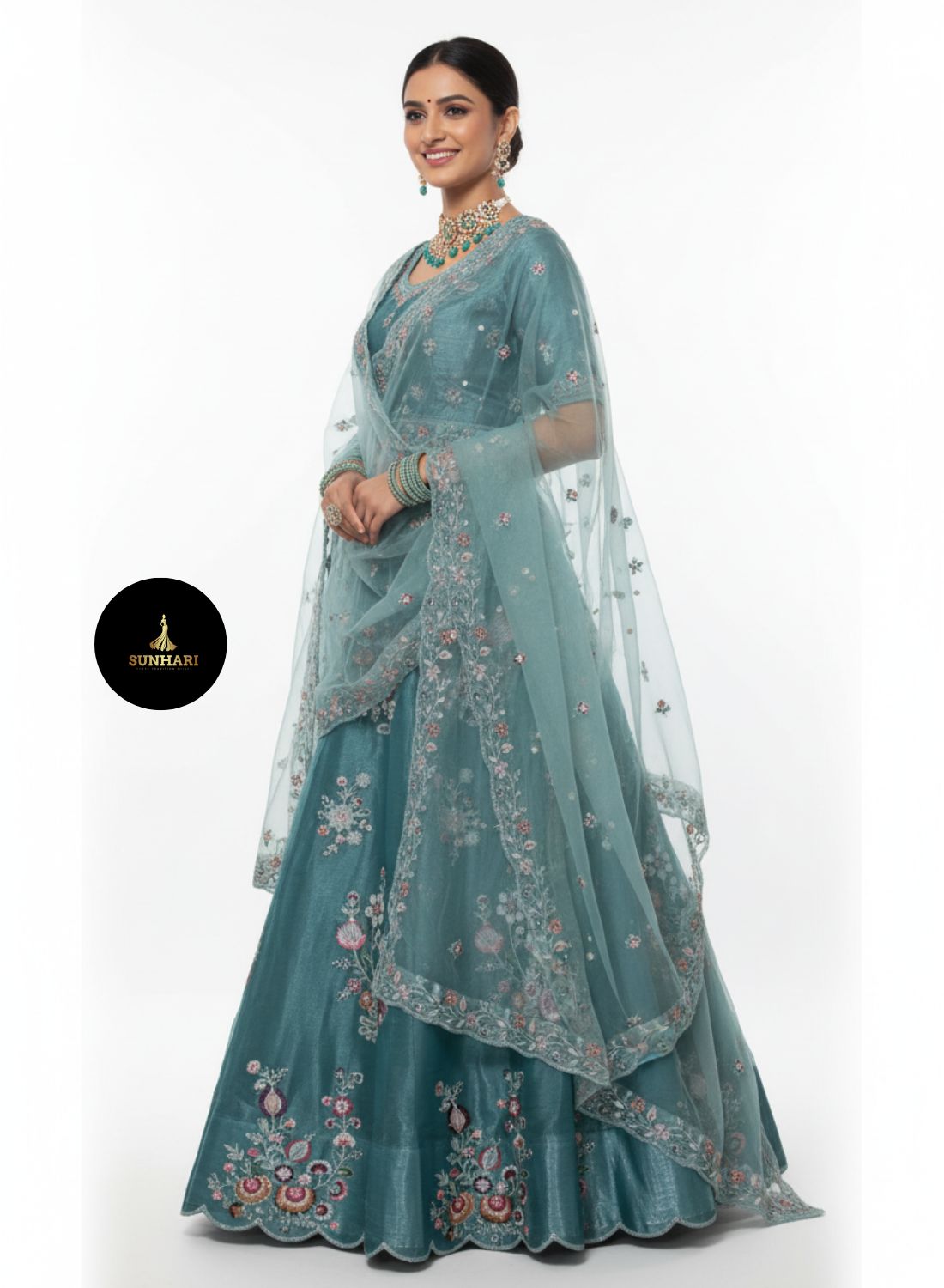 Aqua Blue Handcrafted Organza Lehenga 