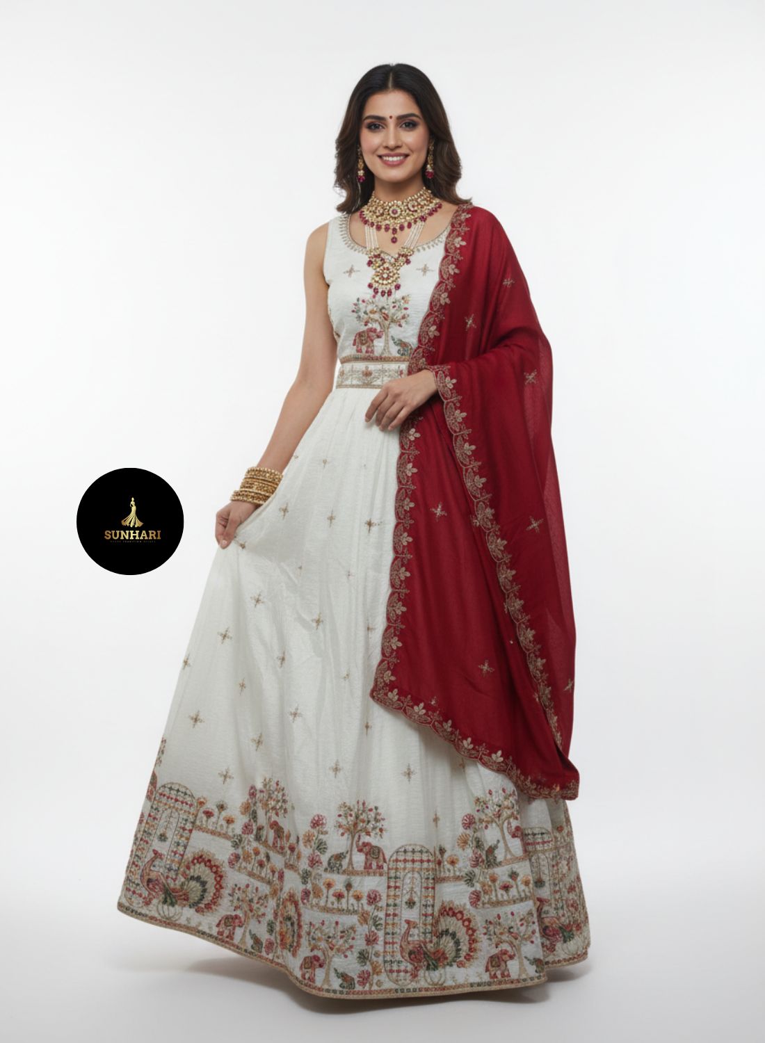 Off-White & Maroon Silk Zari Embroidered Lehenga