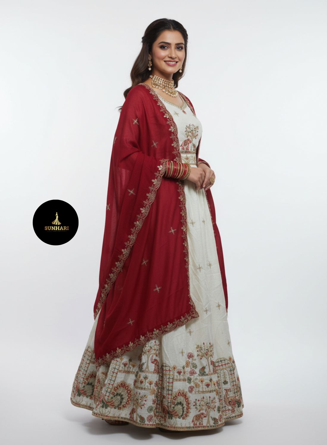 Off-White & Maroon Silk Zari Embroidered Lehenga