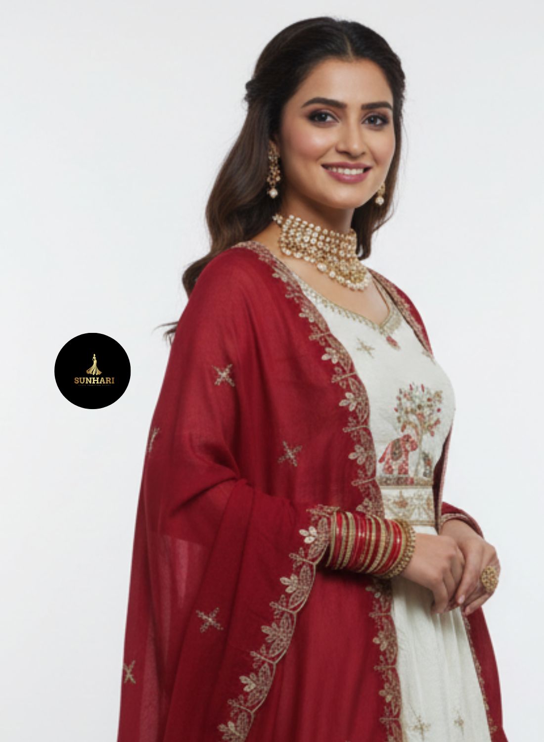 Off-White & Maroon Silk Zari Embroidered Lehenga