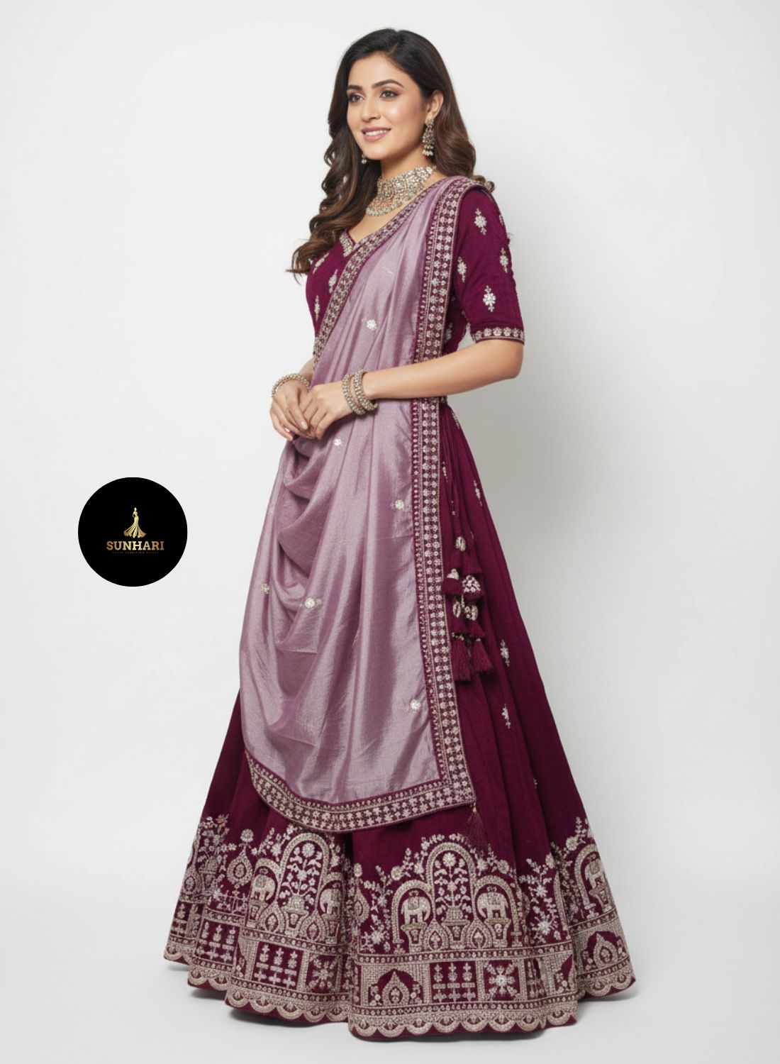 Deep Wine Silver Zari Embroidered Silk Lehenga