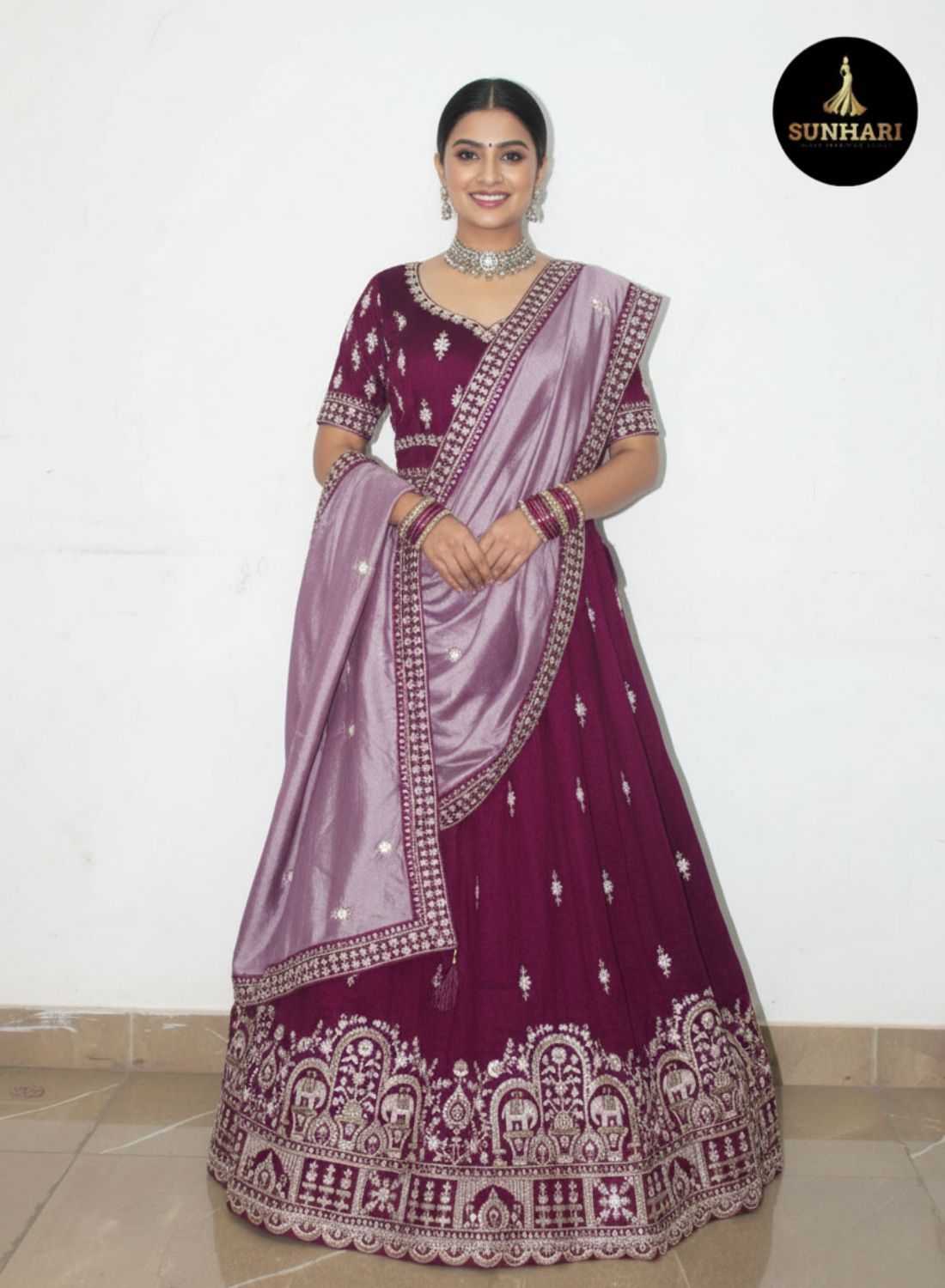 Deep Wine Silver Zari Embroidered Silk Lehenga