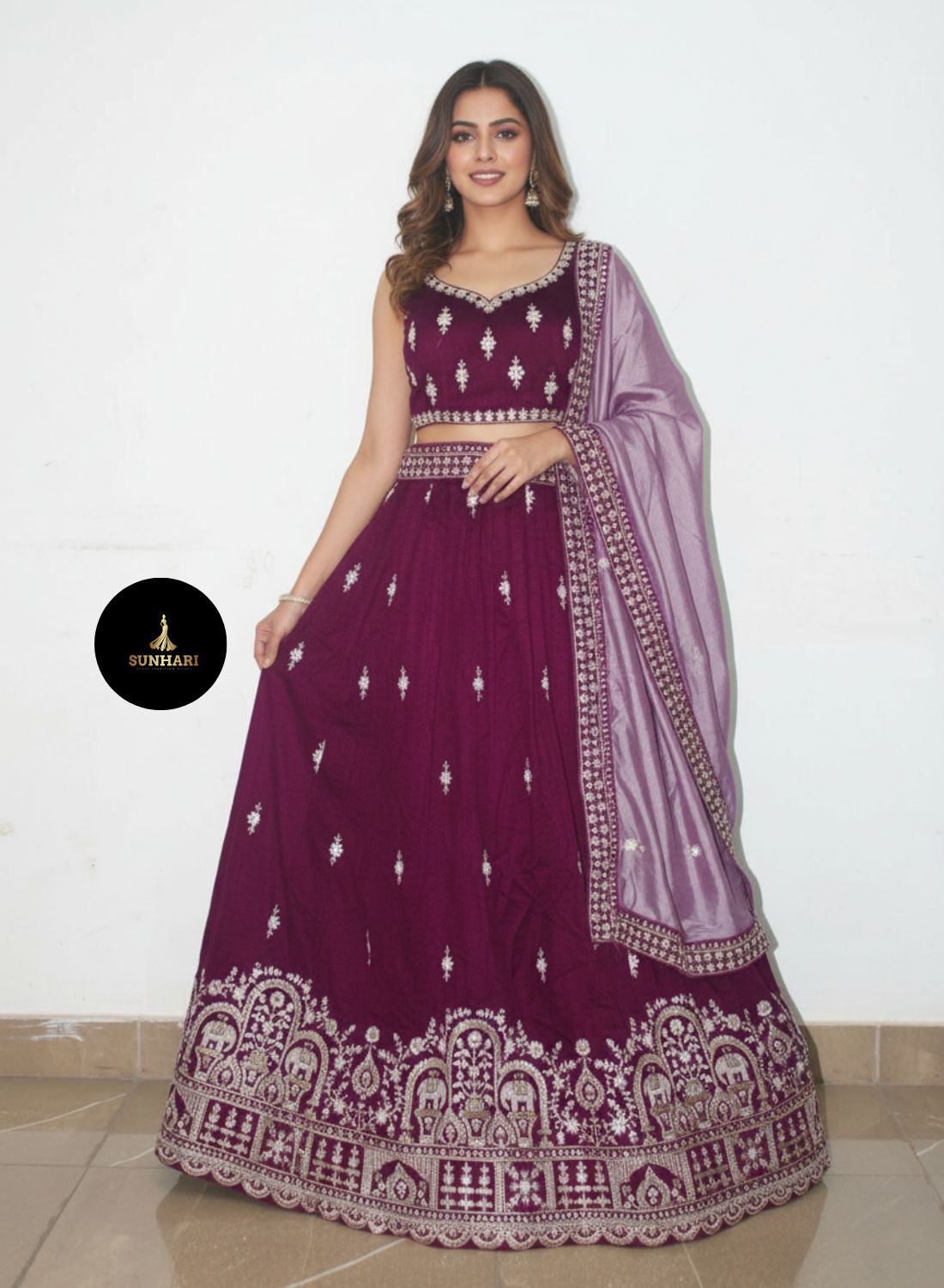 Deep Wine Silver Zari Embroidered Silk Lehenga
