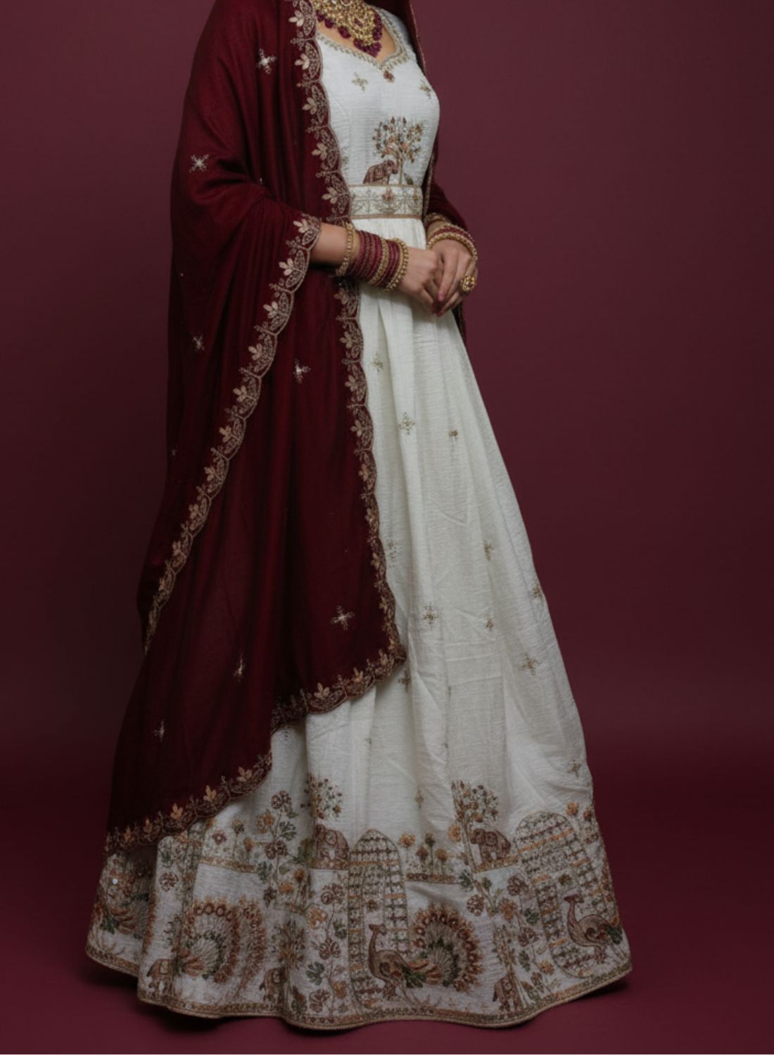 White & Maroon Traditional Motif Silk Lehenga