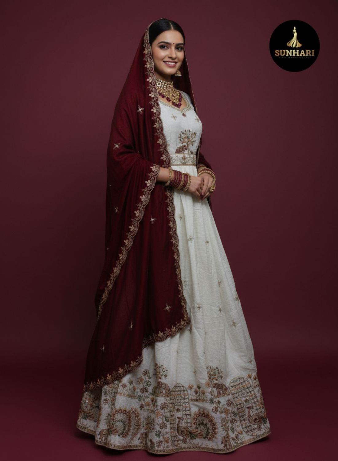 White & Maroon Traditional Motif Silk Lehenga