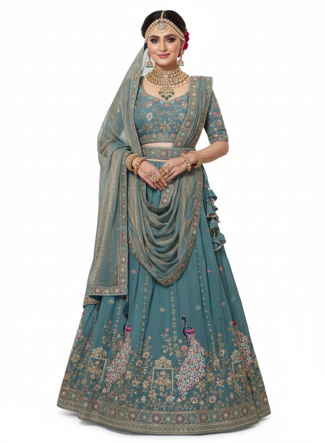 Teal Blue Peacock Embroidered Silk Lehenga 