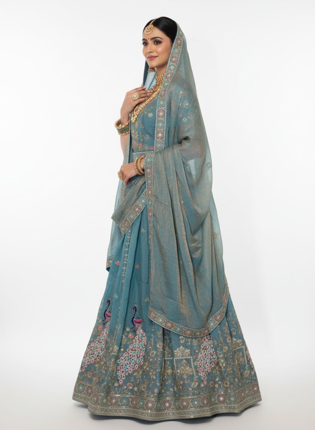 Teal Blue Peacock Embroidered Silk Lehenga 