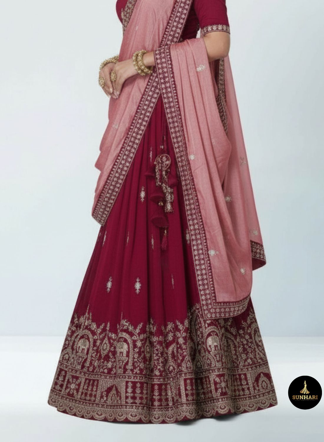 Deep Red Heritage Patchwork Silk Lehenga